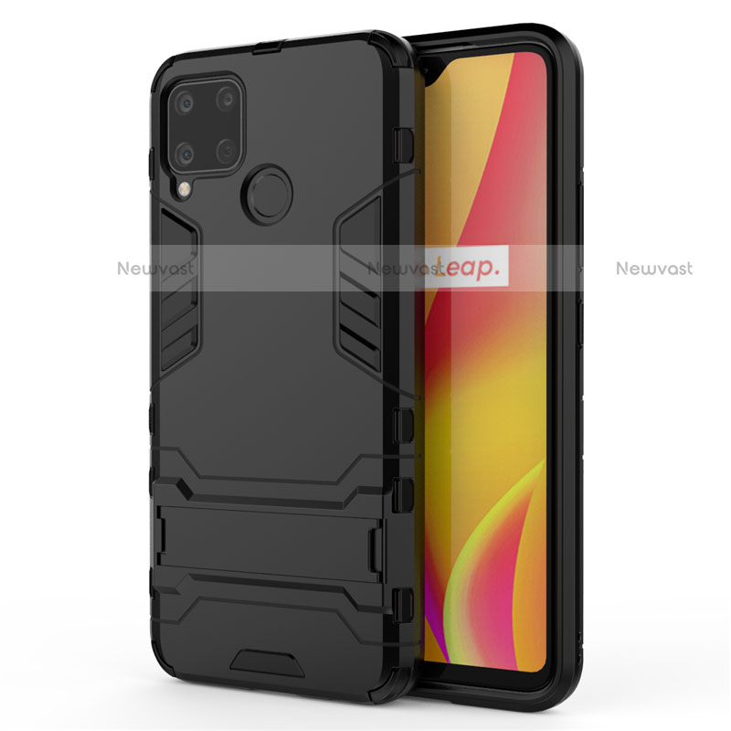 Silicone Matte Finish and Plastic Back Cover Case with Stand A01 for Realme C15 Black