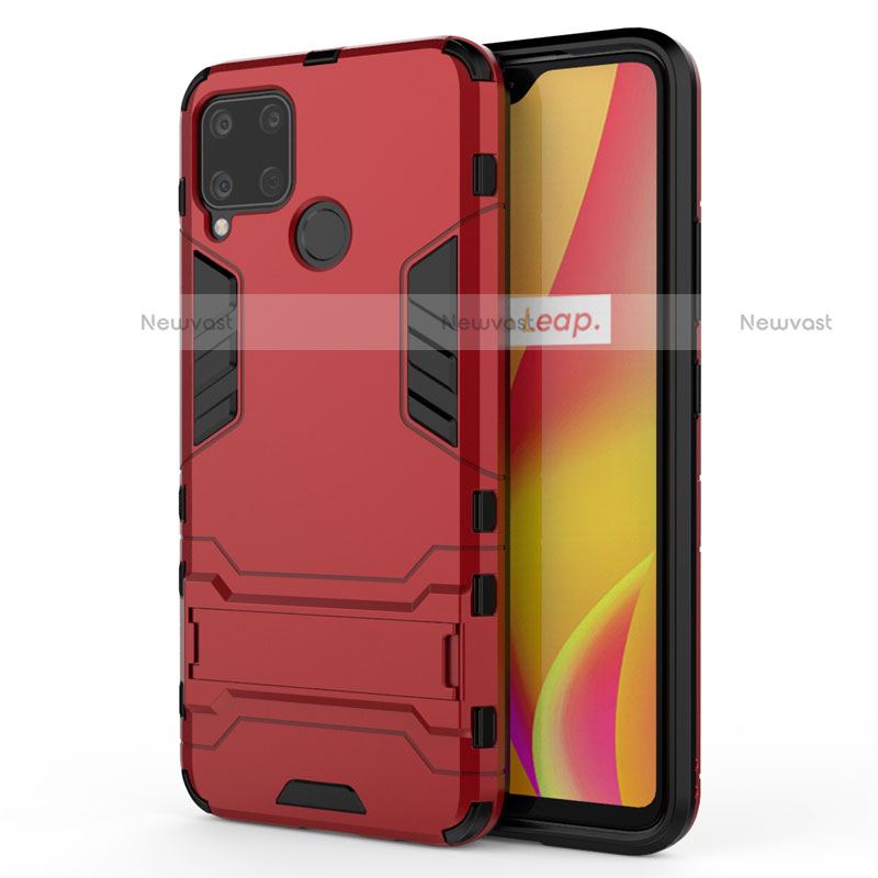 Silicone Matte Finish and Plastic Back Cover Case with Stand A01 for Realme C15 Red