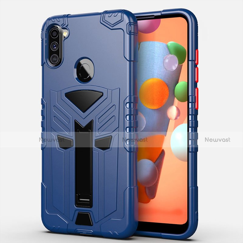 Silicone Matte Finish and Plastic Back Cover Case with Stand A01 for Samsung Galaxy A11 Blue