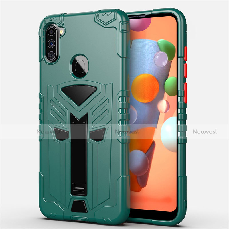 Silicone Matte Finish and Plastic Back Cover Case with Stand A01 for Samsung Galaxy A11 Green