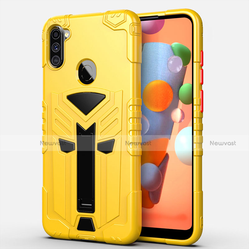 Silicone Matte Finish and Plastic Back Cover Case with Stand A01 for Samsung Galaxy A11 Yellow