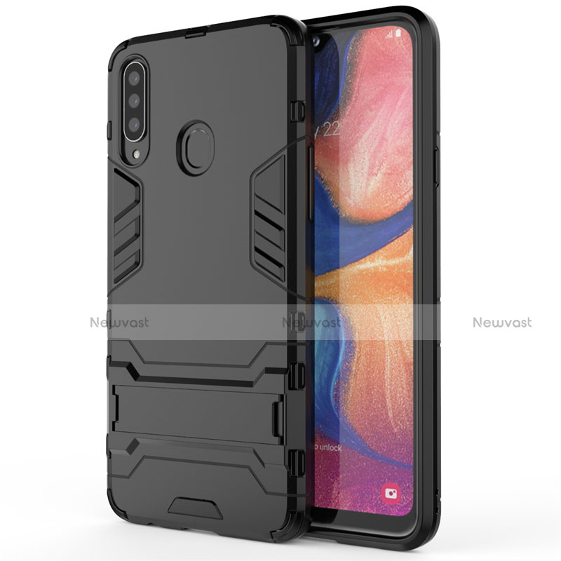 Silicone Matte Finish and Plastic Back Cover Case with Stand A01 for Samsung Galaxy A20s Black