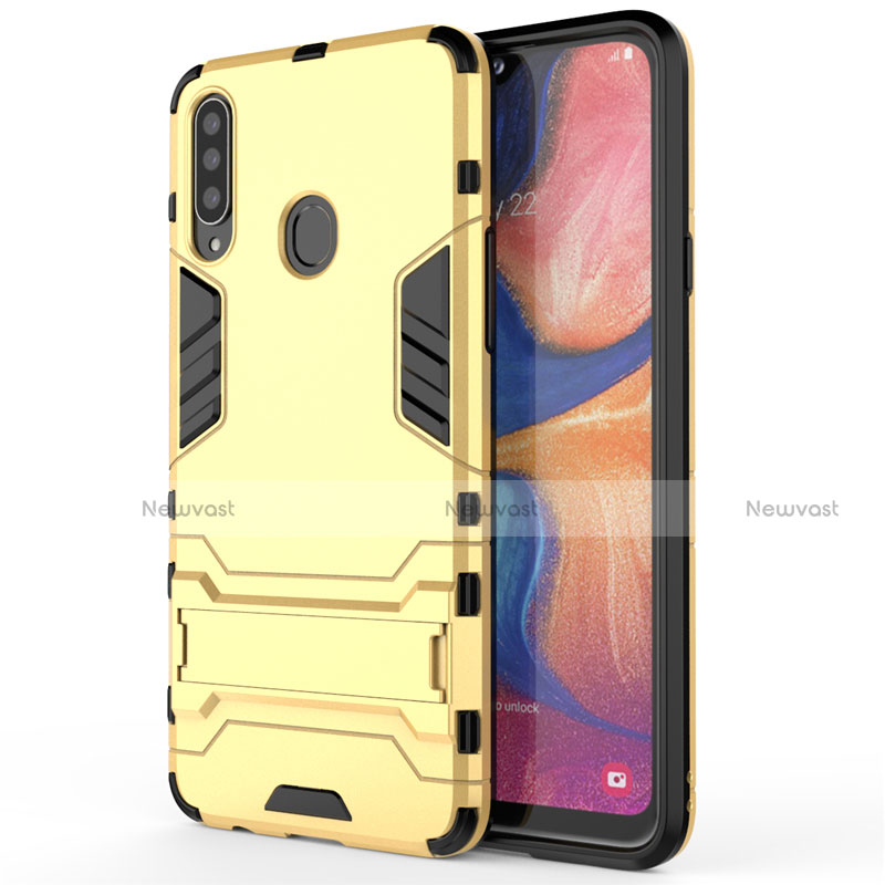 Silicone Matte Finish and Plastic Back Cover Case with Stand A01 for Samsung Galaxy A20s Gold