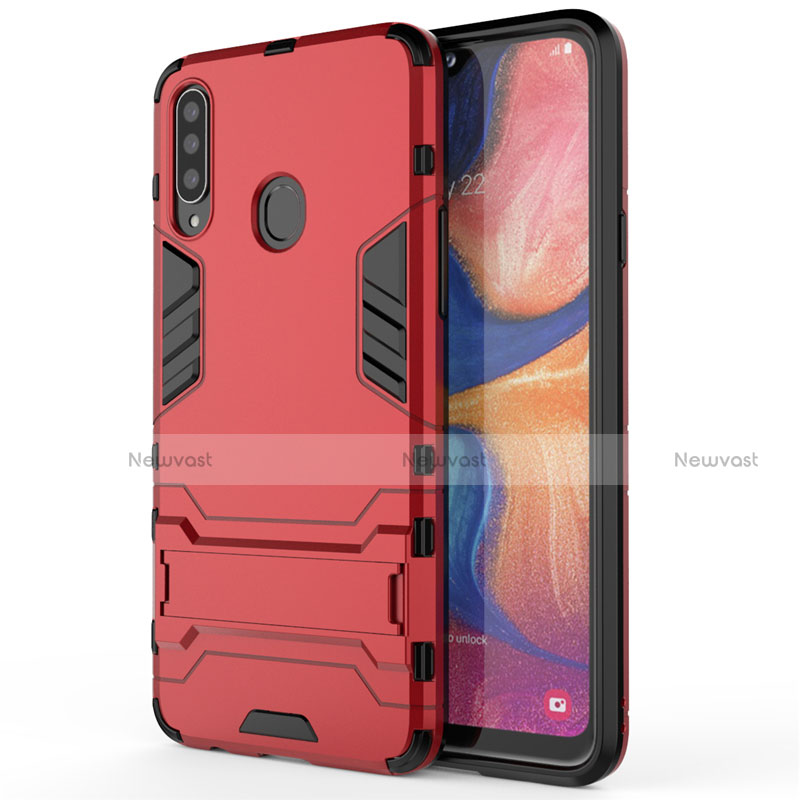 Silicone Matte Finish and Plastic Back Cover Case with Stand A01 for Samsung Galaxy A20s Red