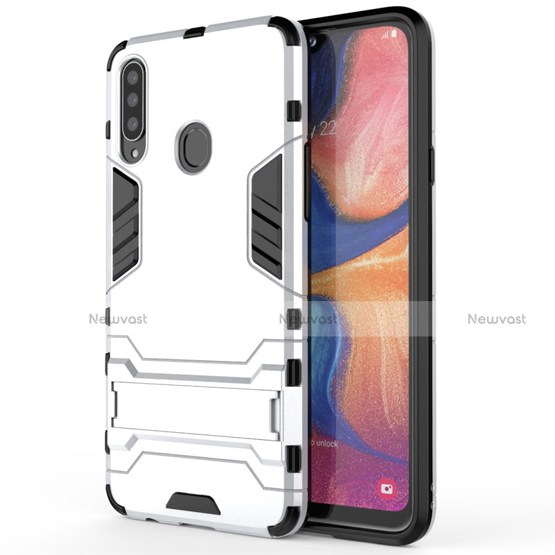 Silicone Matte Finish and Plastic Back Cover Case with Stand A01 for Samsung Galaxy A20s White