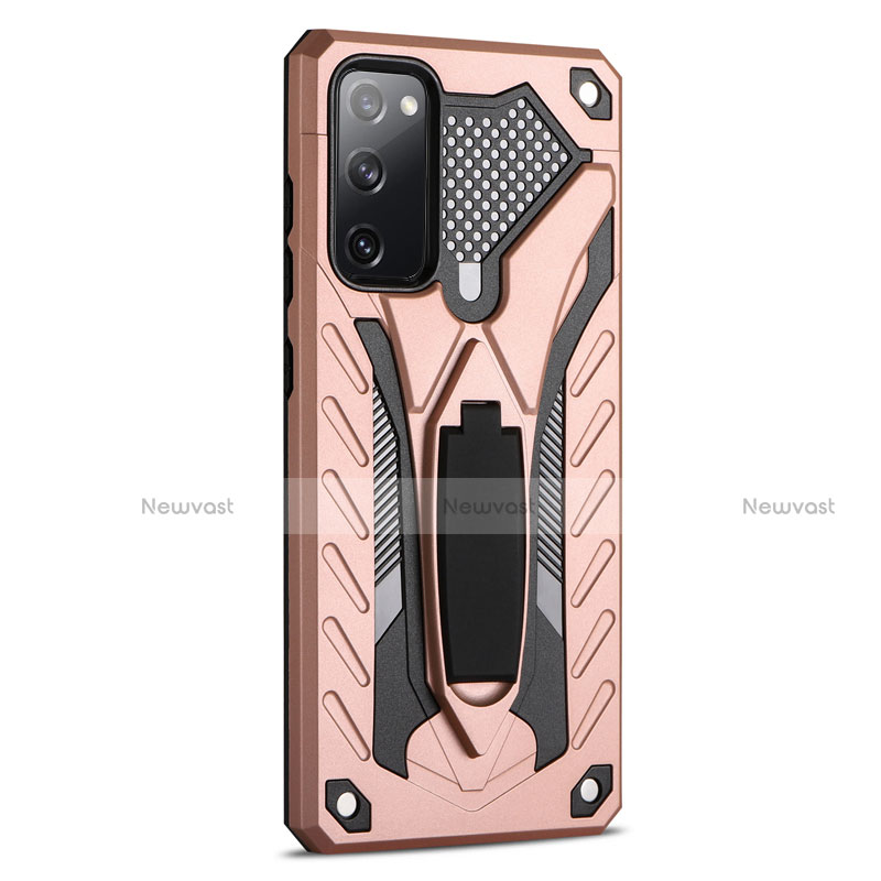 Silicone Matte Finish and Plastic Back Cover Case with Stand A01 for Samsung Galaxy S20 FE 4G Rose Gold