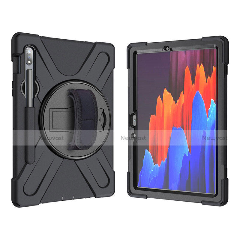 Silicone Matte Finish and Plastic Back Cover Case with Stand A01 for Samsung Galaxy Tab S7 4G 11 SM-T875 Black