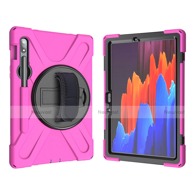 Silicone Matte Finish and Plastic Back Cover Case with Stand A01 for Samsung Galaxy Tab S7 4G 11 SM-T875 Hot Pink