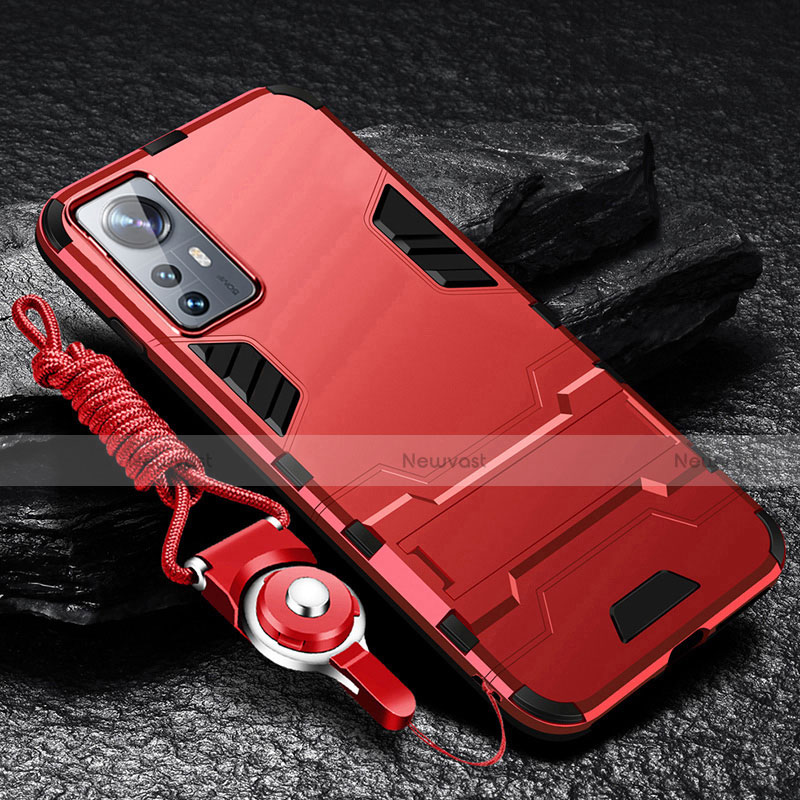 Silicone Matte Finish and Plastic Back Cover Case with Stand A01 for Xiaomi Mi 12 5G Red