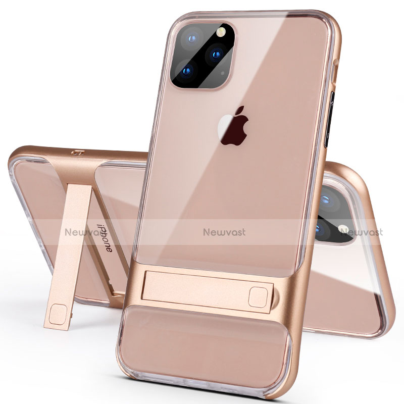 Silicone Matte Finish and Plastic Back Cover Case with Stand A02 for Apple iPhone 11 Pro Gold