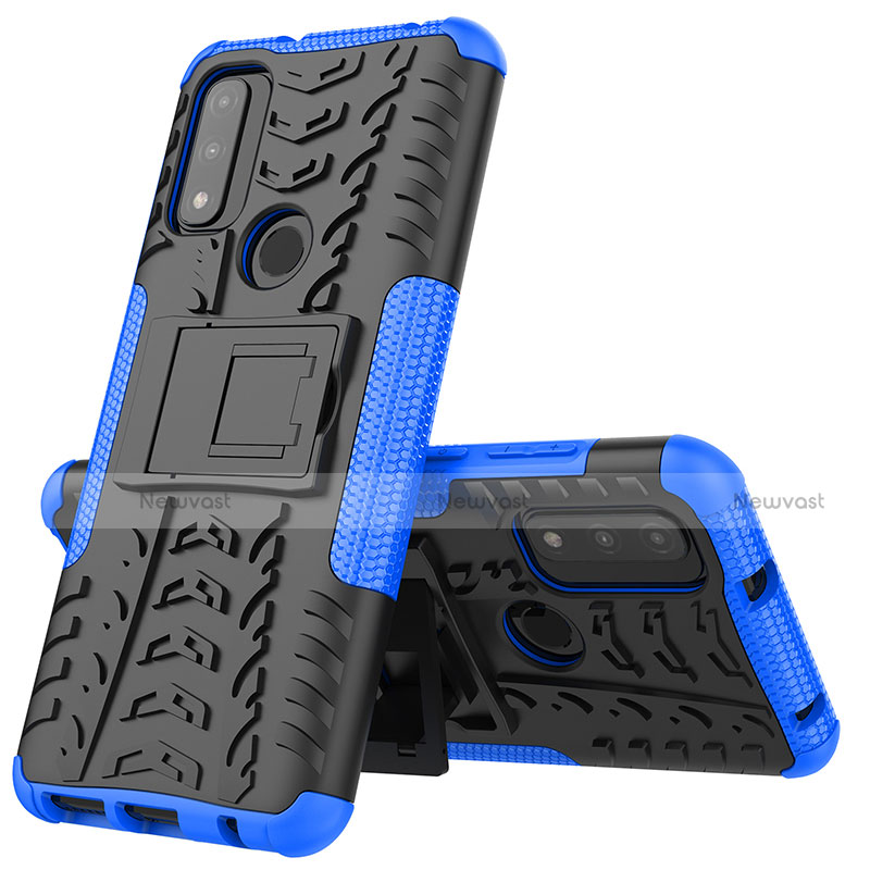 Silicone Matte Finish and Plastic Back Cover Case with Stand A02 for Motorola Moto G Pure Blue