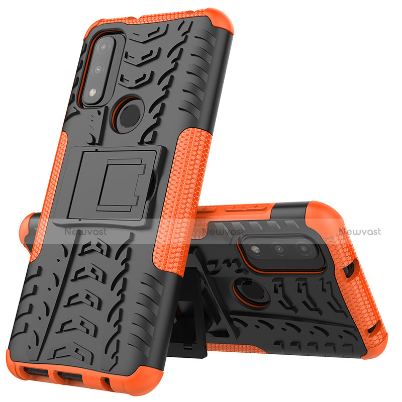 Silicone Matte Finish and Plastic Back Cover Case with Stand A02 for Motorola Moto G Pure Orange