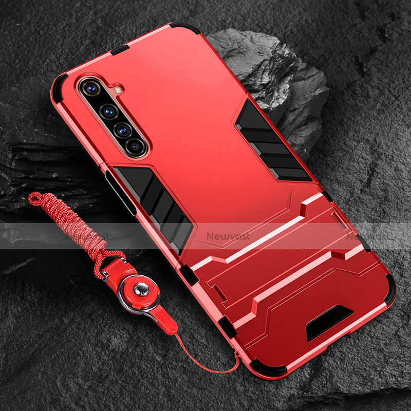 Silicone Matte Finish and Plastic Back Cover Case with Stand A02 for Realme 6 Pro Red