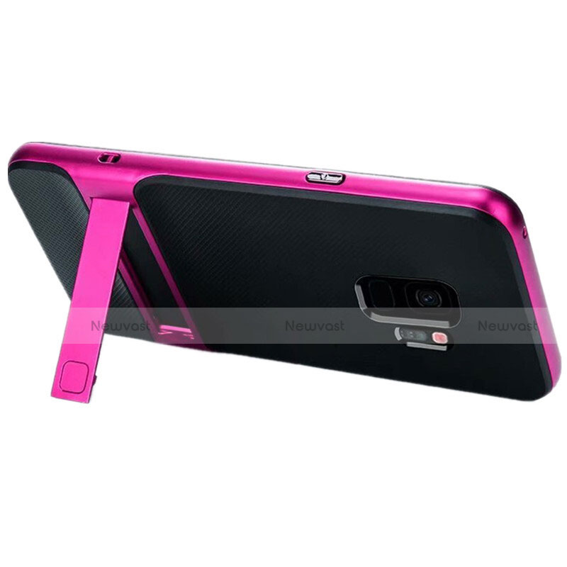 Silicone Matte Finish and Plastic Back Cover Case with Stand A02 for Samsung Galaxy S9 Hot Pink