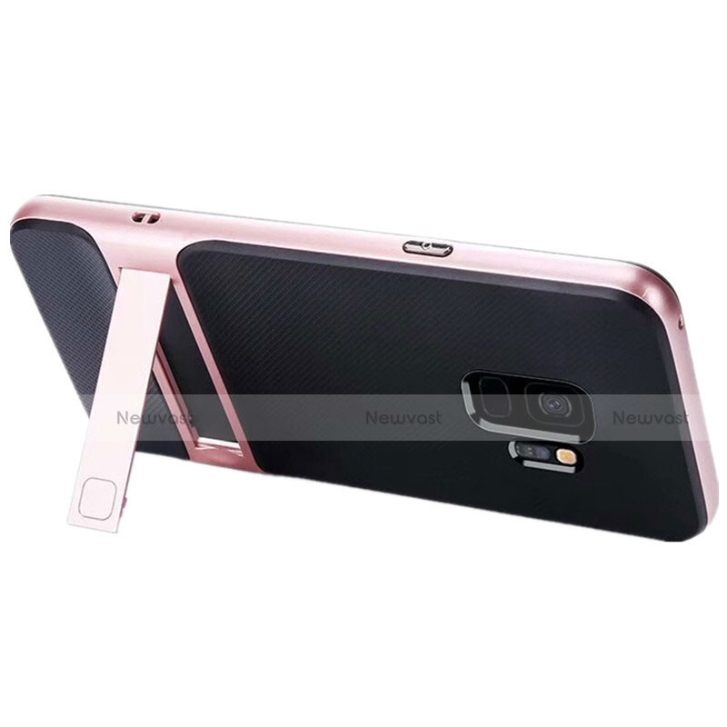 Silicone Matte Finish and Plastic Back Cover Case with Stand A02 for Samsung Galaxy S9 Rose Gold