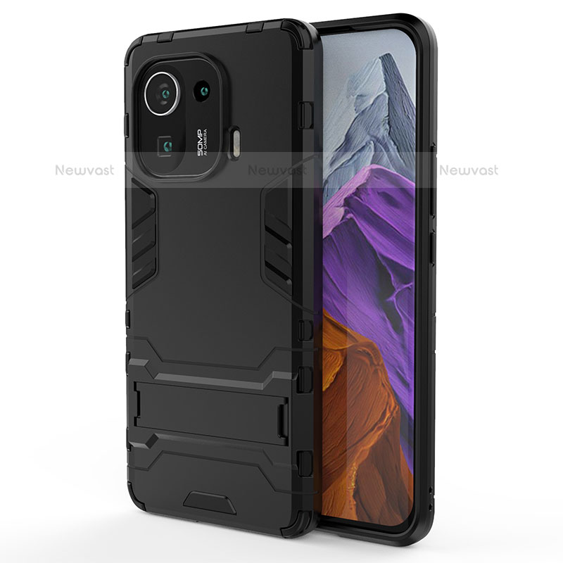 Silicone Matte Finish and Plastic Back Cover Case with Stand A02 for Xiaomi Mi 11 Pro 5G Black