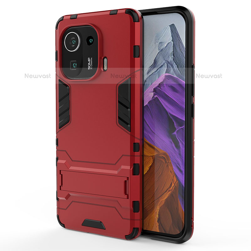 Silicone Matte Finish and Plastic Back Cover Case with Stand A02 for Xiaomi Mi 11 Pro 5G Red