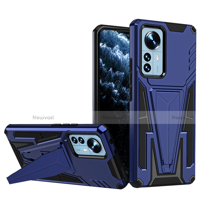 Silicone Matte Finish and Plastic Back Cover Case with Stand A02 for Xiaomi Mi 12 5G Blue