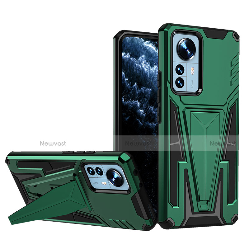 Silicone Matte Finish and Plastic Back Cover Case with Stand A02 for Xiaomi Mi 12 5G Green