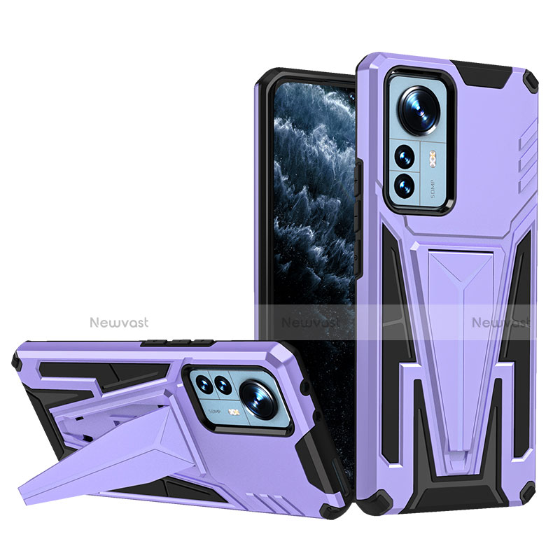 Silicone Matte Finish and Plastic Back Cover Case with Stand A02 for Xiaomi Mi 12 5G Purple