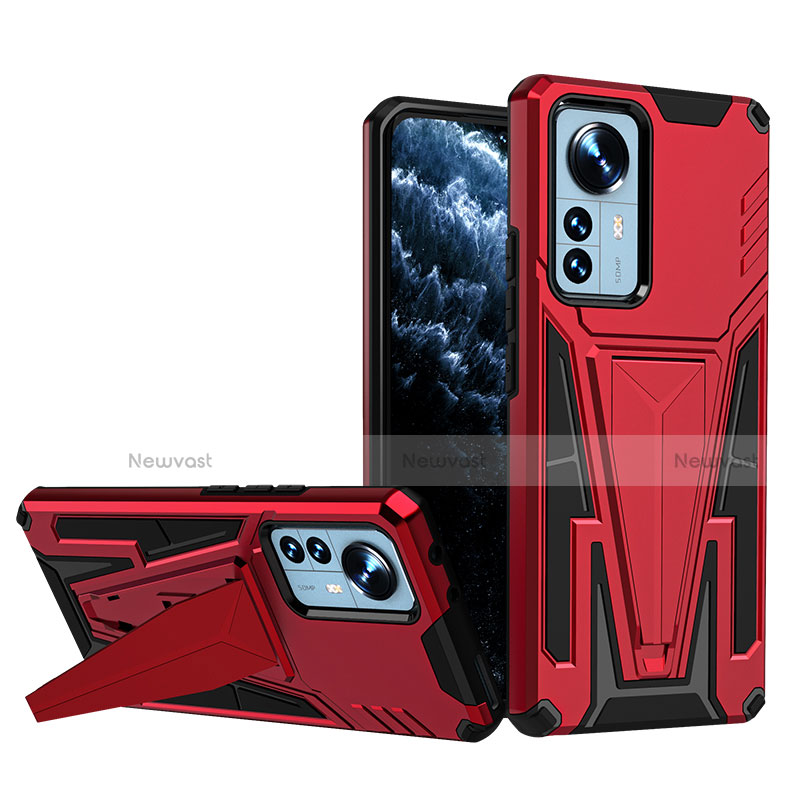 Silicone Matte Finish and Plastic Back Cover Case with Stand A02 for Xiaomi Mi 12 5G Red