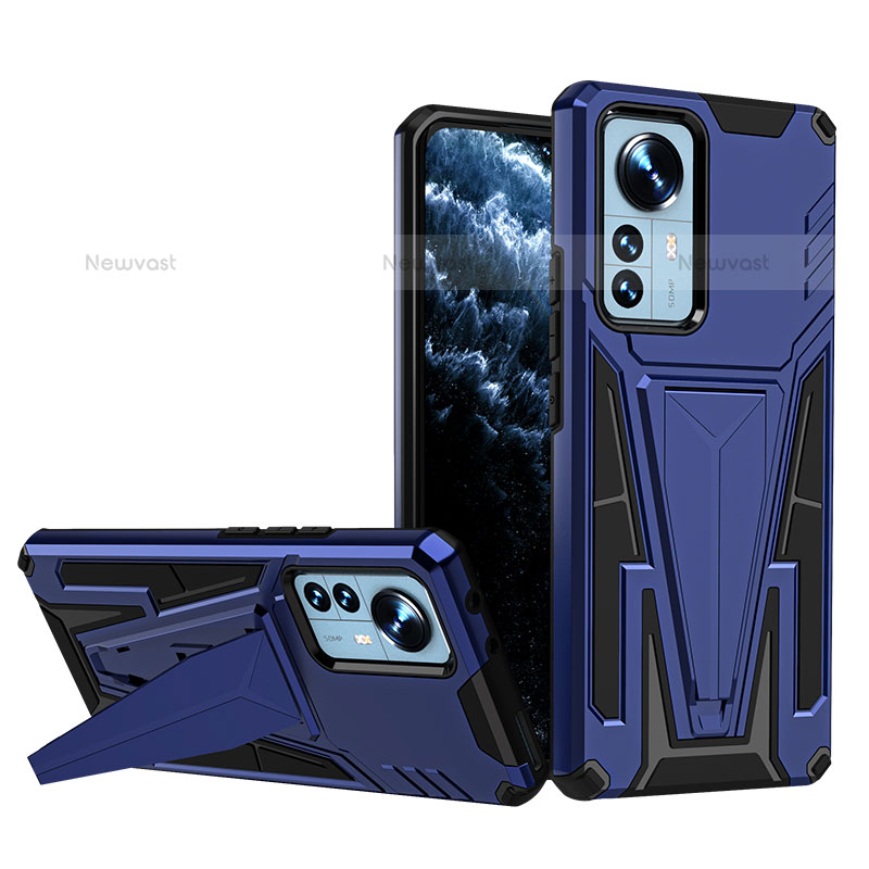 Silicone Matte Finish and Plastic Back Cover Case with Stand A02 for Xiaomi Mi 12 Pro 5G Blue