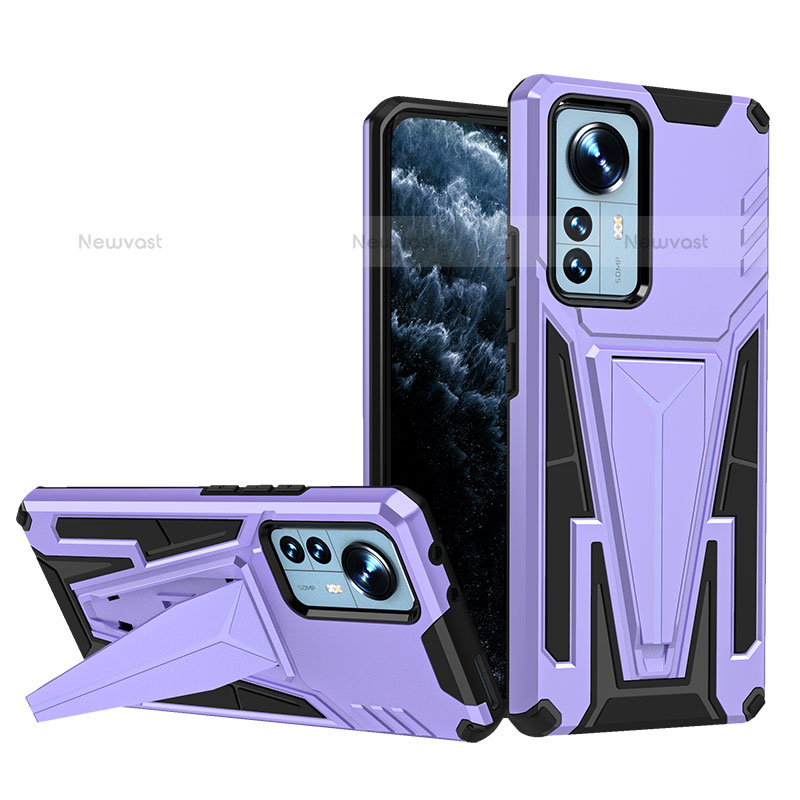 Silicone Matte Finish and Plastic Back Cover Case with Stand A02 for Xiaomi Mi 12X 5G Purple