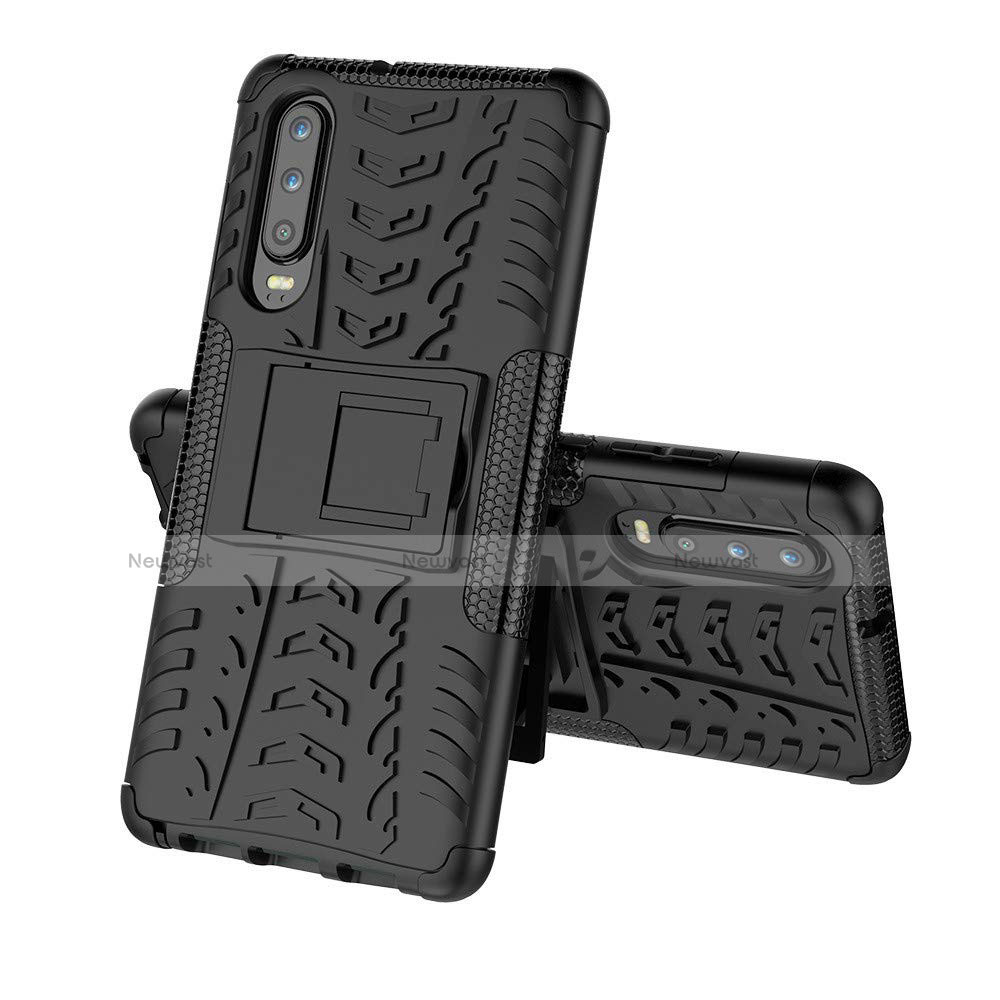 Silicone Matte Finish and Plastic Back Cover Case with Stand A03 for Huawei P30 Black