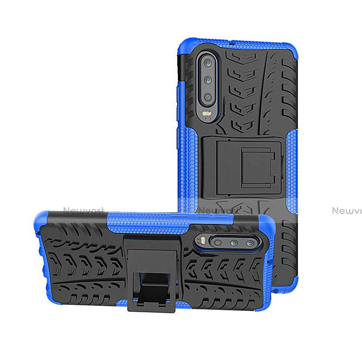 Silicone Matte Finish and Plastic Back Cover Case with Stand A03 for Huawei P30 Blue