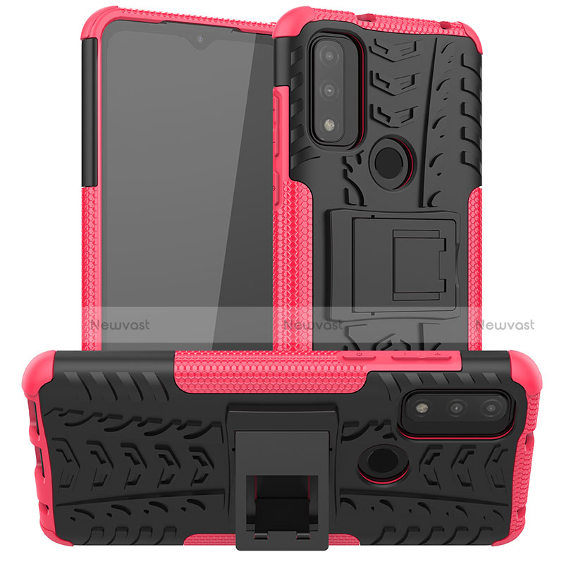 Silicone Matte Finish and Plastic Back Cover Case with Stand A03 for Motorola Moto G Pure Hot Pink