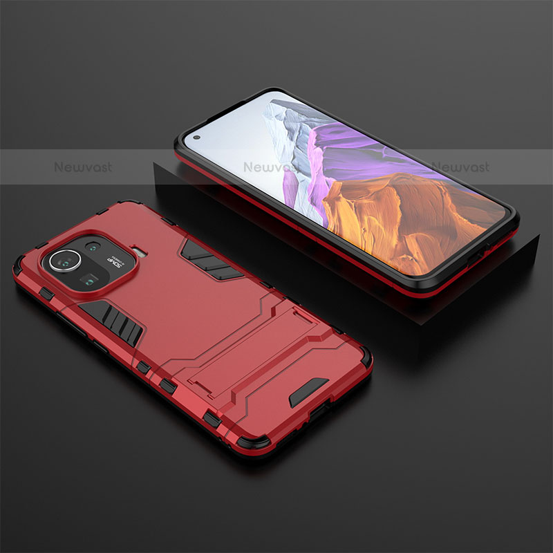 Silicone Matte Finish and Plastic Back Cover Case with Stand A03 for Xiaomi Mi 11 Pro 5G Red