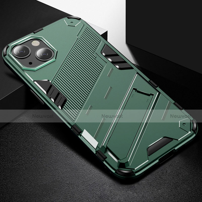 Silicone Matte Finish and Plastic Back Cover Case with Stand A05 for Apple iPhone 13 Green