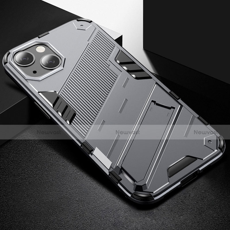 Silicone Matte Finish and Plastic Back Cover Case with Stand A05 for Apple iPhone 14 Gray