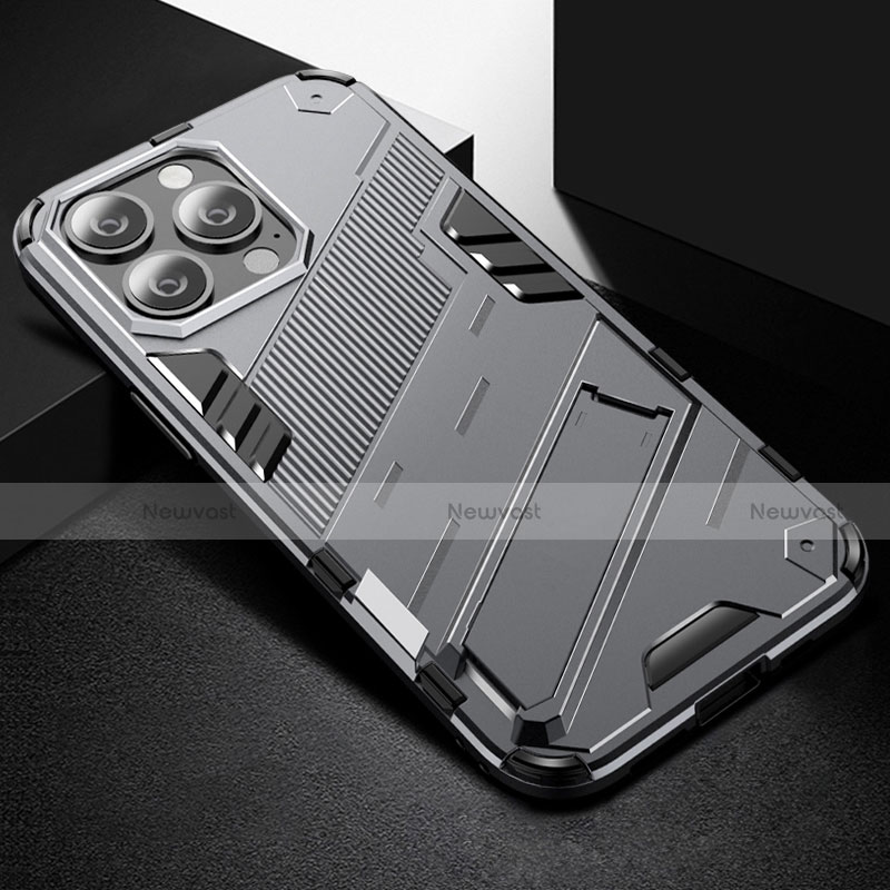 Silicone Matte Finish and Plastic Back Cover Case with Stand A05 for Apple iPhone 14 Pro Max Gray