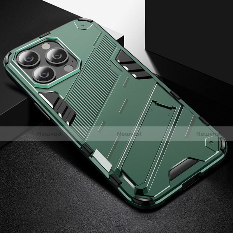 Silicone Matte Finish and Plastic Back Cover Case with Stand A05 for Apple iPhone 14 Pro Max Green