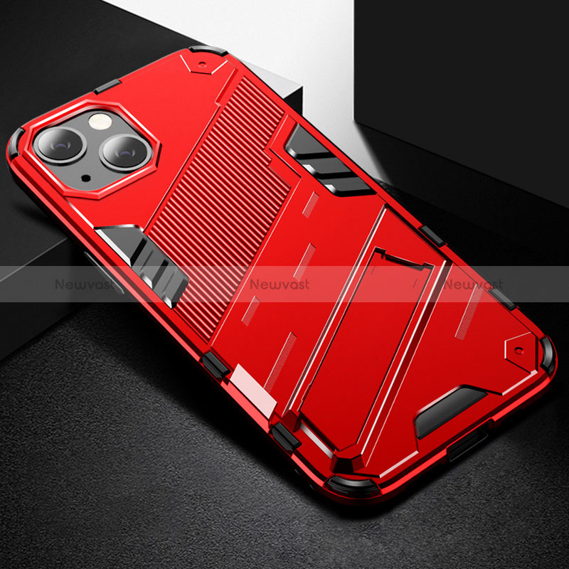 Silicone Matte Finish and Plastic Back Cover Case with Stand A05 for Apple iPhone 15