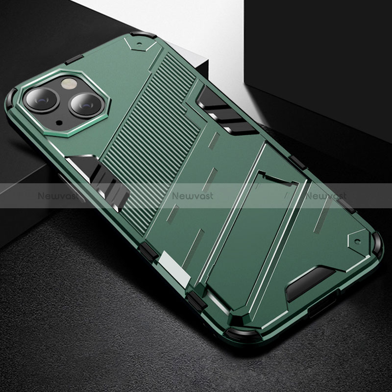 Silicone Matte Finish and Plastic Back Cover Case with Stand A05 for Apple iPhone 15 Green