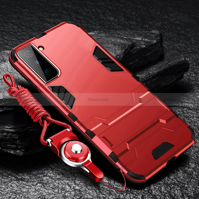 Silicone Matte Finish and Plastic Back Cover Case with Stand A05 for Samsung Galaxy S22 Plus 5G Red