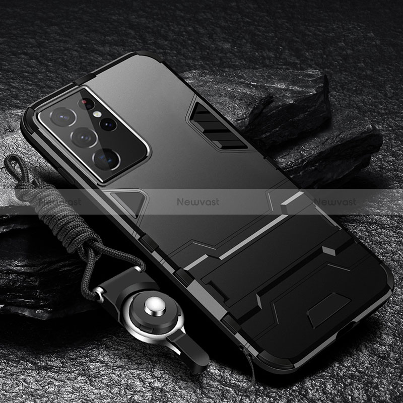 Silicone Matte Finish and Plastic Back Cover Case with Stand A05 for Samsung Galaxy S24 Ultra 5G Black