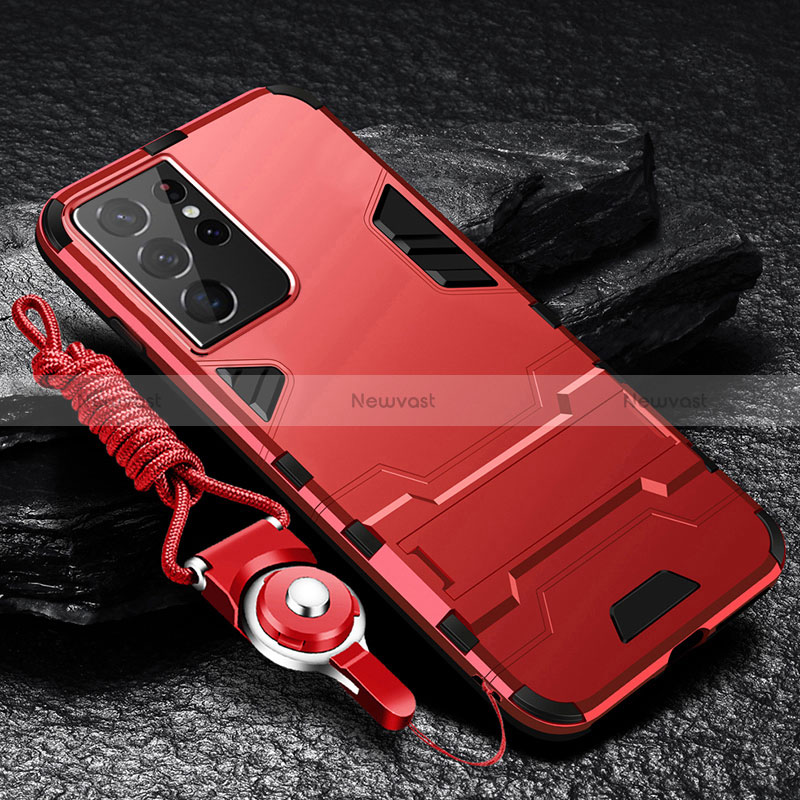 Silicone Matte Finish and Plastic Back Cover Case with Stand A05 for Samsung Galaxy S24 Ultra 5G Red