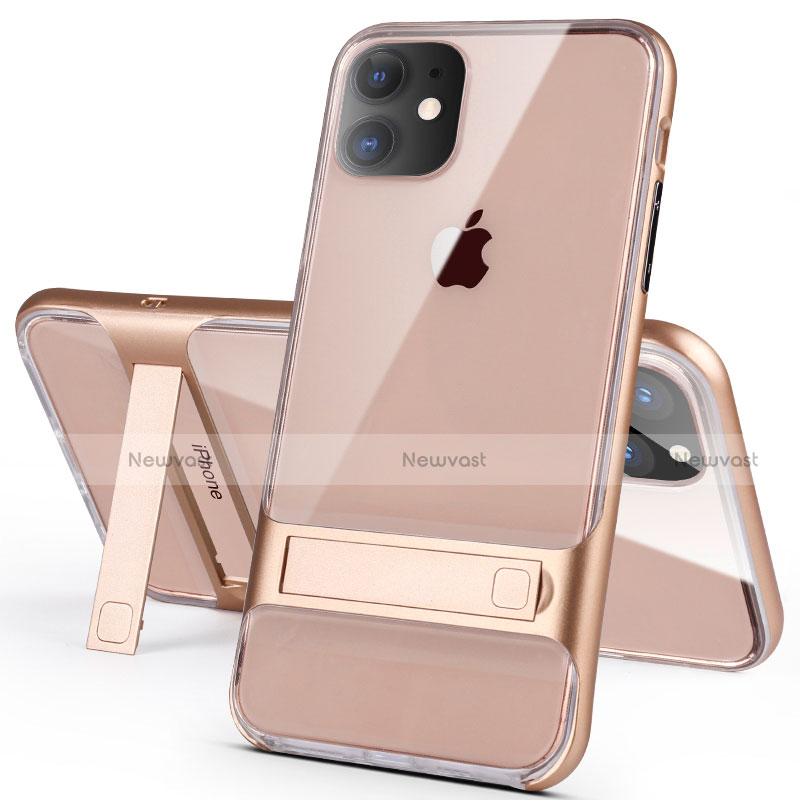 Silicone Matte Finish and Plastic Back Cover Case with Stand A06 for Apple iPhone 11 Gold