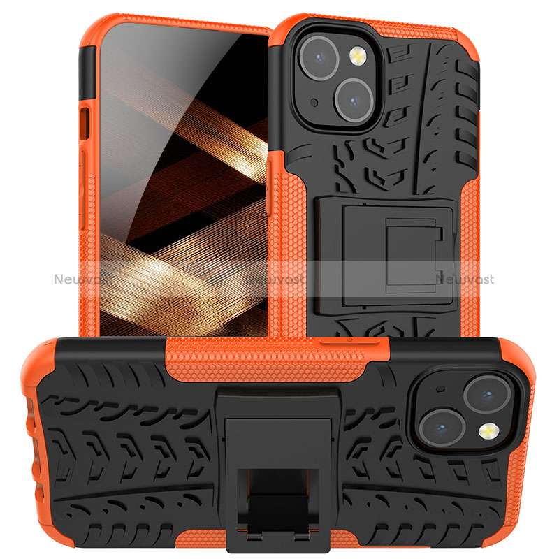 Silicone Matte Finish and Plastic Back Cover Case with Stand A07 for Apple iPhone 15 Orange