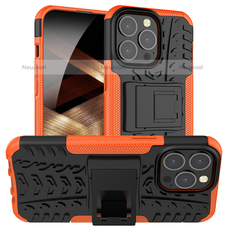 Silicone Matte Finish and Plastic Back Cover Case with Stand A07 for Apple iPhone 15 Pro Max Orange