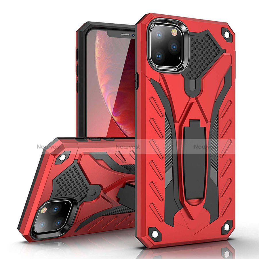 Silicone Matte Finish and Plastic Back Cover Case with Stand for Apple iPhone 11 Pro Red