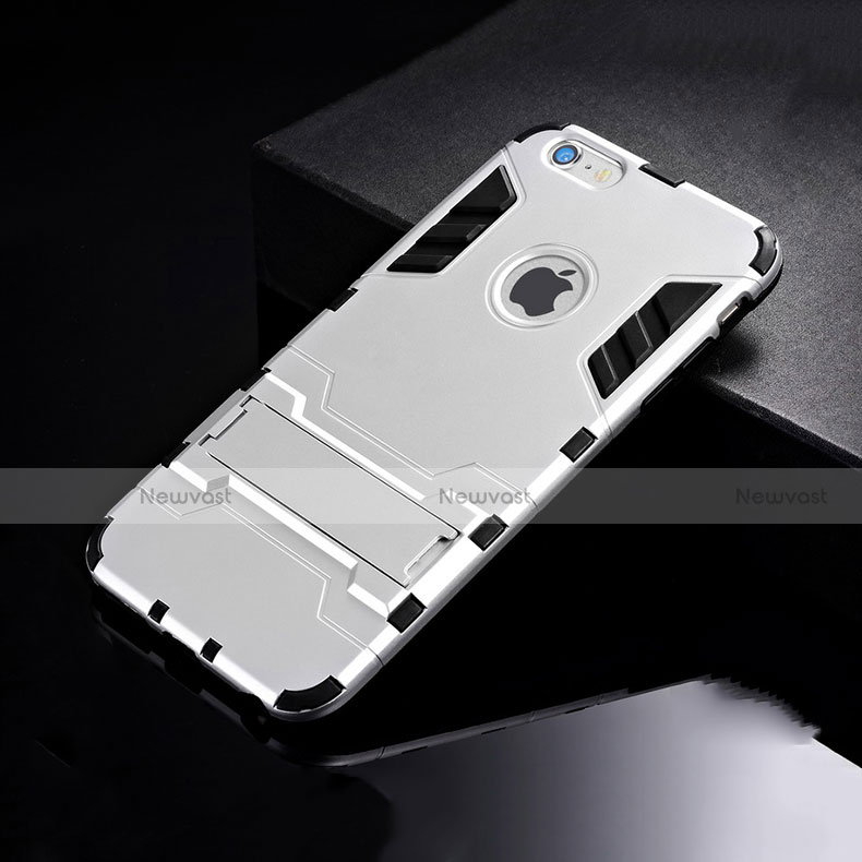 Silicone Matte Finish and Plastic Back Cover Case with Stand for Apple iPhone 6S Plus Silver
