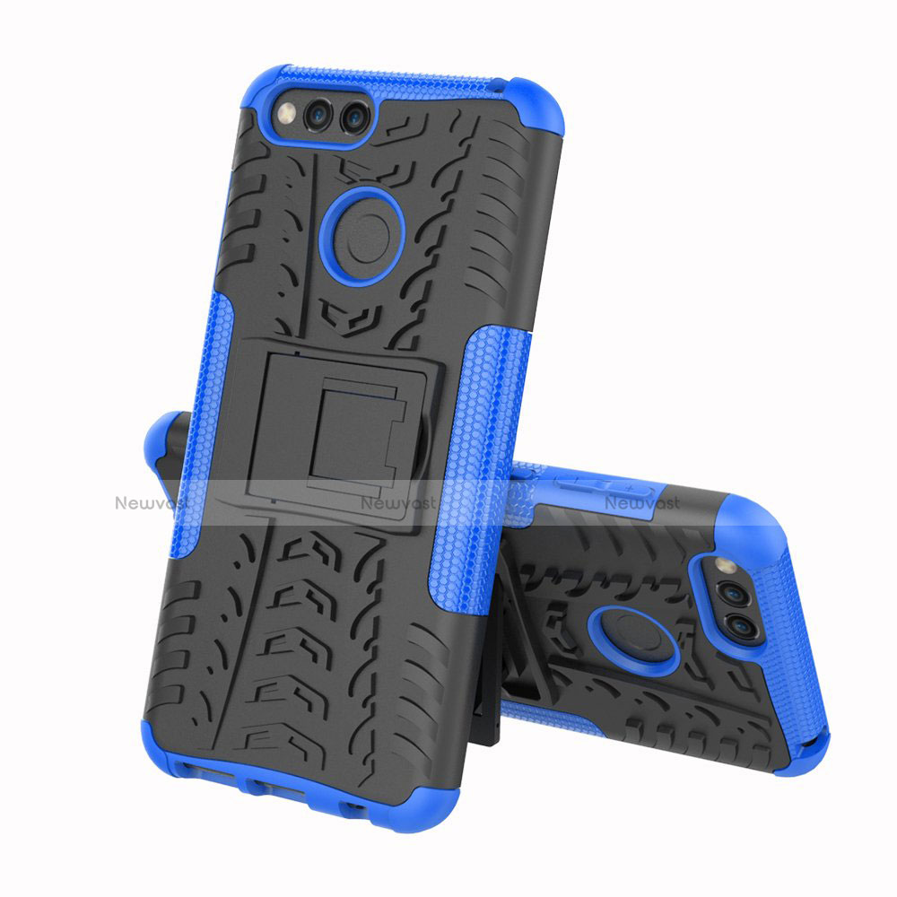 Silicone Matte Finish and Plastic Back Cover Case with Stand for Huawei Enjoy 8e Blue