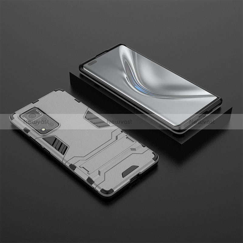 Silicone Matte Finish and Plastic Back Cover Case with Stand for Huawei Honor V40 5G Gray