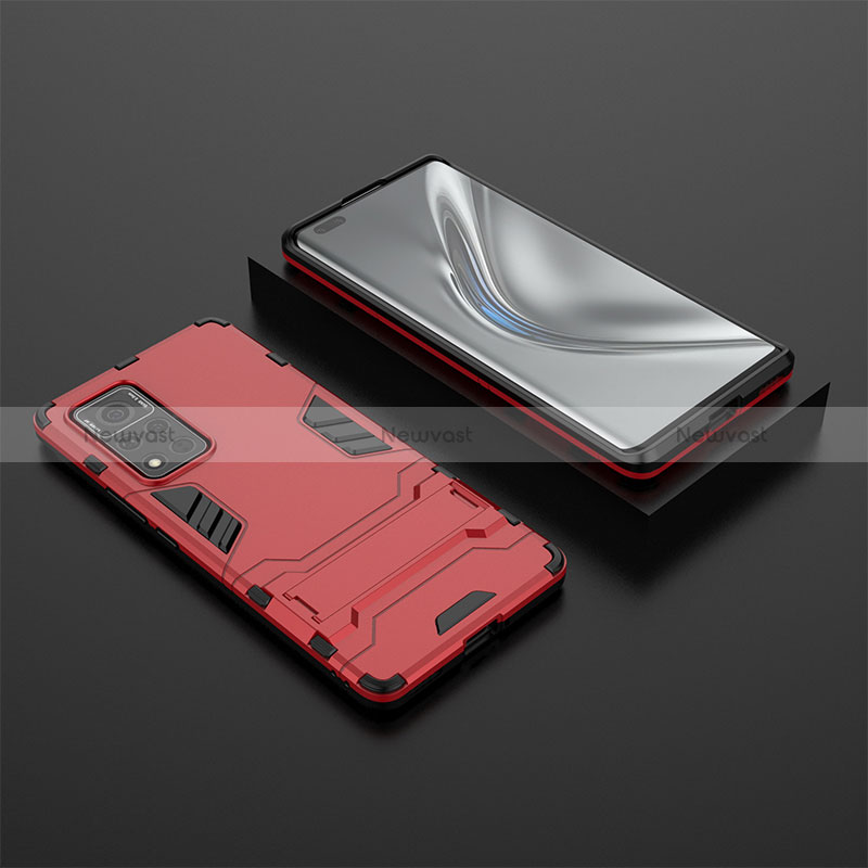 Silicone Matte Finish and Plastic Back Cover Case with Stand for Huawei Honor V40 5G Red