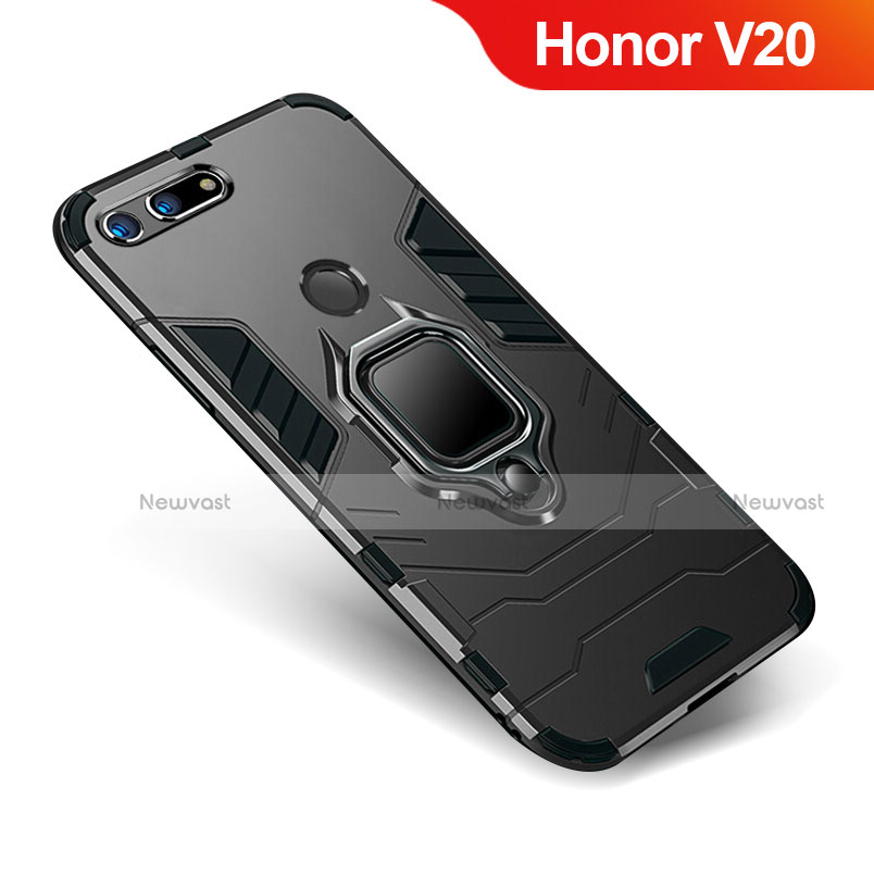 Silicone Matte Finish and Plastic Back Cover Case with Stand for Huawei Honor View 20 Black