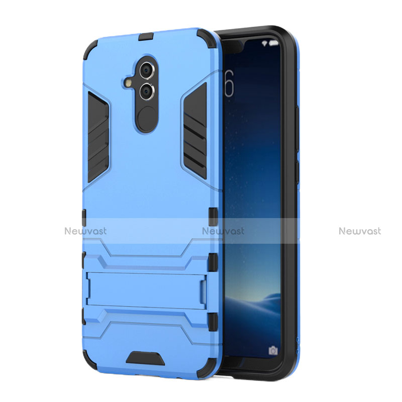 Silicone Matte Finish and Plastic Back Cover Case with Stand for Huawei Mate 20 Lite Blue